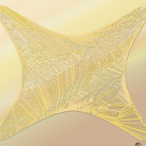 A curved X shape is broken into subregions large and small. Each subregion is filled with striations of various widths and colours, with narrower cross bars between striations which are also of various widths and colours. Different regions have different slants and slightly different colour palettes. The lines are all in various shades of yellow, over a soft slanted yellow gradient background.

Colophon: The canvas is broken into regions via a recursive procedure. An edge is introduced joining two existing edges to create two new polygons. The striations are irregular hachure lines to create subregions that then have perpendicular irregular hachures applied. Colours are yellows from Werner's Nomenclature of Colours. A "pillow" mutation is applied to make the final result.