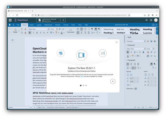 An article for a tech magazine in Collabora on OpenCloud in a Browser window. A pop-up says "Explore the new Collabora 25.04.1.1"