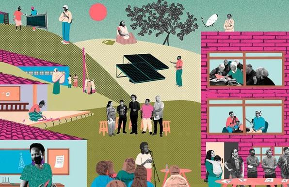 Illustration of diverse community members engaged in activities like farming, broadcasting, group discussions, and using digital devices, set in both rural and urban landscapes, symbolizing inclusive and community-driven connectivity.