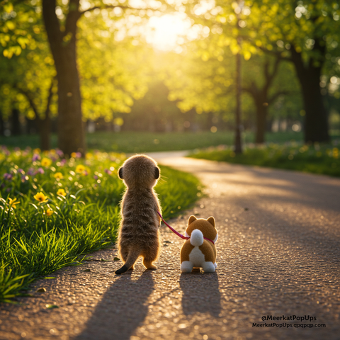 画像には、日の光が差し込む緑豊かな公園のような場所で、後ろ向きのミーアキャットが、リードにつながれた犬のぬいぐるみと一緒に歩いている様子が写っています。ミーアキャットは直立しており、リードをしっかりと持っています。犬のぬいぐるみは茶色と白の毛並みで、丸い尻尾が特徴的です。二匹は舗装された道を歩いており、周囲には緑の草や木々、小さな花が見えます。背景の木々の間からは、太陽の光が優しく差し込んでいます。全体的に、穏やかで可愛らしい雰囲気の写真です。これはAI生成画像です。

The image shows a meerkat walking with a dog plush toy on a leash in a lush green park-like setting with sunlight streaming through the trees. The meerkat is facing away from the viewer and is standing upright, holding the leash firmly. The dog plush toy has brown and white fur and a distinctive round tail. The two are walking on a paved path, surrounded by green grass, trees, and small flowers. Soft sunlight shines through the trees in the background. Overall, it's a peaceful and adorable photograph. This is an AI-generated image.