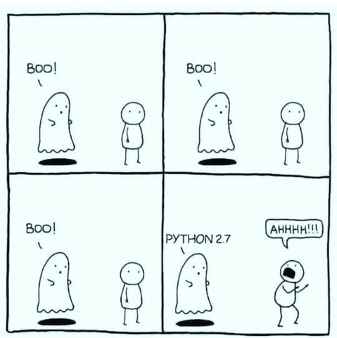 IT Meme in which Ghost tries to scare person mutltiple times with "Boo!" unsuccessfully, then scares them by saying "PYTHON 2.7".