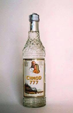A glass bottle of "Chmod 777" liquor with a silver cap shows a label with an image of a man and a woman.