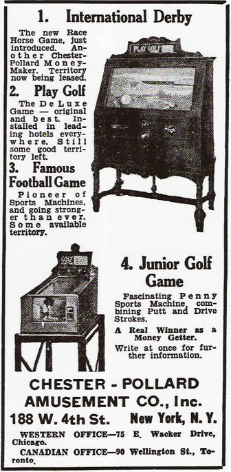 Advertisement featuring Play Golf and Play Golf Junior by Chester-Pollard Amusement Co.

https://www.pinrepair.com/arcade/chgolf.htm