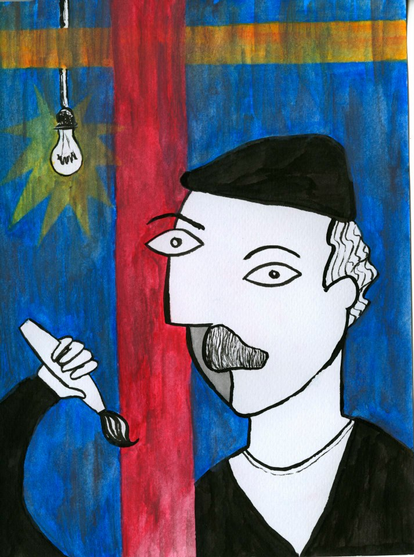 dibujo a tinta y lápices acuarelables, retrato de Roberto Orallo inspirado en estilo cubista