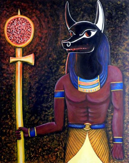 Portrait of Anubis looking decidedly displeased whilst holding golden ankh-shaped staff.