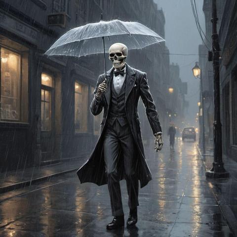 Model: OpenArt SDXL
(graphic novel, comicbook, illustration) well dressed skeleton, walking in the rain, down a light up street