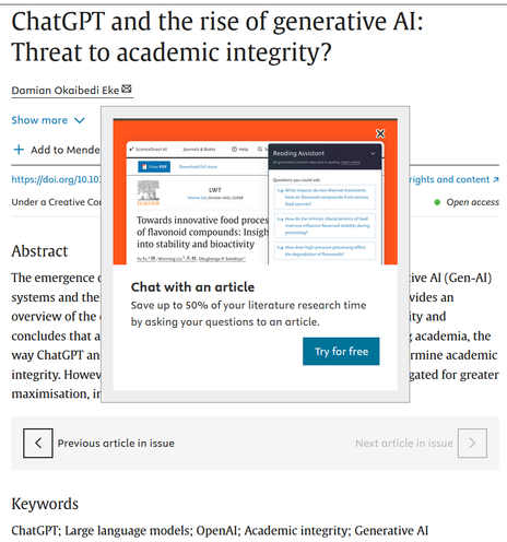 Screenshot of an academic article "Chat GPT and the rise of generative AI: Threat to academic integrity?" with a popup from the publisher begging the user to use their generative AI tool to query the article instead of reading it.