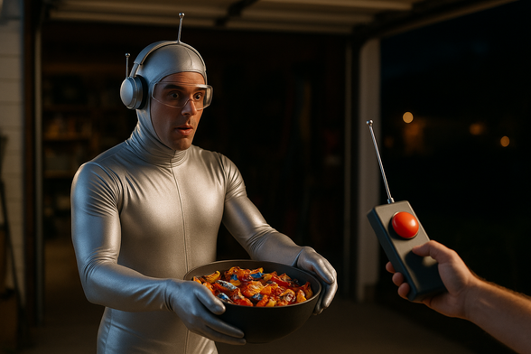 AI-generated image of someone pointing a remote at a man in a silver bodysuit and headset, with a forced blank expression, holding a bowl of candy