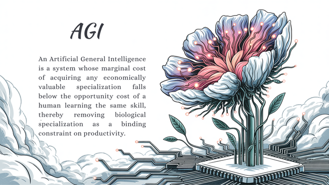 A digital flower with the text, "AGI, An Artificial General Intelligence is a system whose marginal cost of acquiring any economically valuable specialization falls below the opportunity cost of a human learning the same skill, thereby removing biological specialization as a binding constraint on productivity."