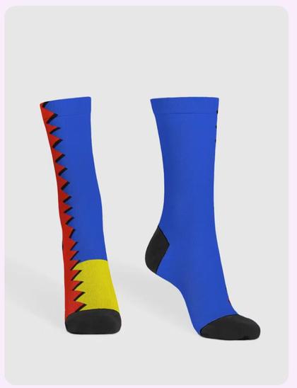 A screenshot of my store page showing the "Hedgehog Zone Socks".  It is a pair of socks in the style of the Sonic the Hedgehog 2 title cards.