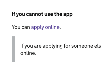 Screenshot with text: "If you cannot use the app: You can apply online." With the words "apply online" linked to another page.