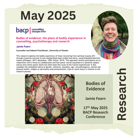 On an off-white torn paper background the heading in a large font says May 2025. Underneath this is a preview of my abstract from the conference which has the BACP logo and the title of my workshop and my details, with an image of me smiling, then underneath this is a preview of my first slide with some art by Amy Salomone and next to this in a large font on it's side it says Research