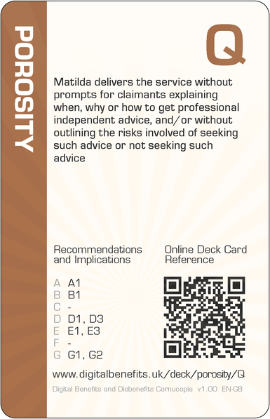 Image of the DBD Cornucopia Queen of Porosity card with text 'Matilda delivers the service without prompts for claimants explaining when, why or how to get professional independent advice, and/or without outlining the risks involved of seeking such advice or not seeking such advice'