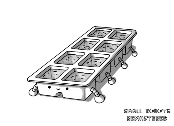A robot in the form of a rectangular ice cube tray with a happy face on one of the short ends and little banded legs on each compartment along the sides. It makes eight ice cubes (a 2 x 4 grid) and is currently filled with semi-transparent water.