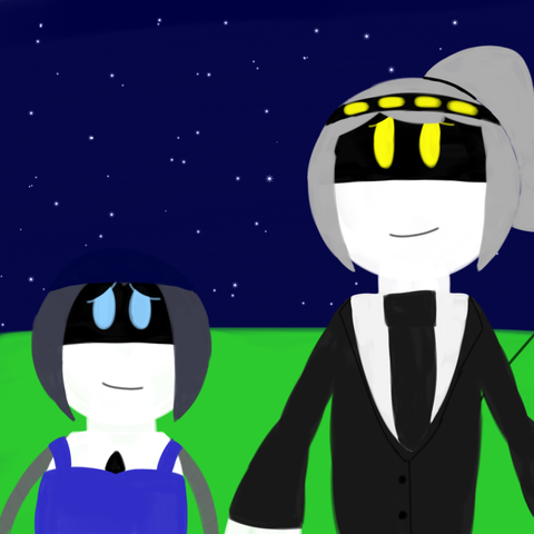 Drawing of Minerva and D looking at each other lovingly. Minerva is wearing a blue dress and D is wearing a black and white suit and they are standing on the grass and the sky is dark with stars shining as it's night time