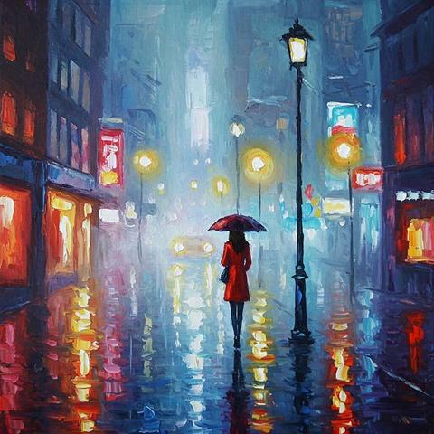 A woman in a red coat walks through a rainy city street, illuminated by glowing streetlights and reflections on the wet pavement. The vibrant colors create a sense of warmth against the cool, misty backdrop.