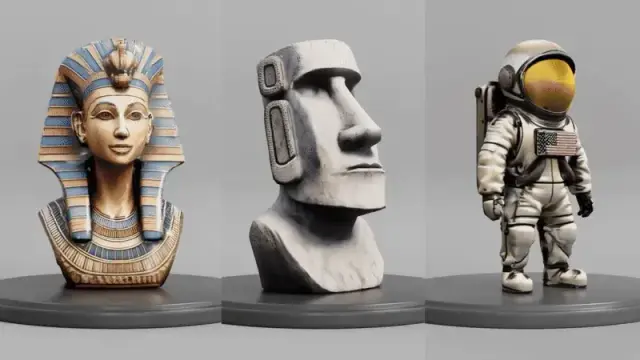 Three 3D figures generated by Meta's new generative AI 'AssetGen 2.0' on display: an Egyptian pharaoh's bust, a Moai statue head, and a small astronaut figure, each on a separate grey circular stand against a plain light grey background.

Followed by three 3D scanned heritage collection digital models against a dark background: a sarcophagus with a golden face and Egyptian headdress from National Museums Scotland, a full-body Moai statue from the British Museum, and an astronaut in a white spacesuit with a yellow-tinted helmet from the Smithsonian Institution.