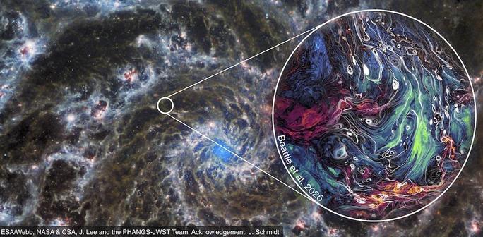 This composite image combines observations from the NASA/ESA/CSA James Webb Space Telescope of the Phantom Galaxy (M74) with a high-resolution simulation of galactic turbulence. The simulation from this study - zoomed into a small patch of the galaxy’s interstellar medium to give an idea of scale and typical location - reveals extremely high-resolution chaotic motions of plasma that regulate star formation, structure formation, and the magnetic field across the galactic scales. (Credit: ESA/Webb, NASA & CSA, J. Lee and the PHANGS-JWST Team; Acknowledgement: J. Schmidt; Simulation: J. Beattie.)