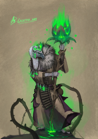 digital illustration of an anthropomorphic vulture, clad in some beige robes with wooden and stone adornments, that have glowing runes. They appear standing upright while holding a rose and thorns shaped staff ,also showing glow, and vines emerging around them. 