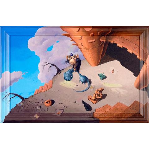 My acrylic painting titled “Time Passes at 24 Frames a Second” features a simian creature atop a dinosaurian work in a foreboding landscape scattered with ancient relics as varied animation cels drift through on an eternal breeze.