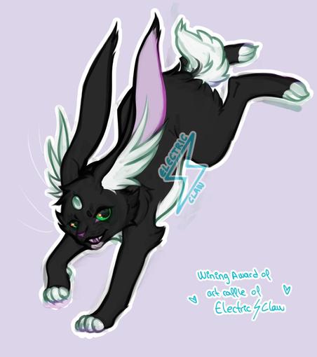 A colored sketch of black and white cabbit with a greenish gem in its forehead landing on its forepaws.  A cabbit has the back half of a rabbit, the front half of a cat, and long, pointed ears.