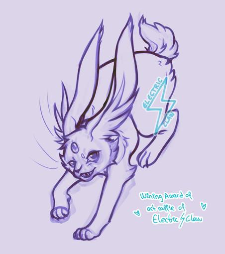 A sketch of cabbit with a gem in its forehead landing on its forepaws.  A cabbit has the back half of a rabbit, the front half of a cat, and long, pointed ears.