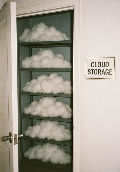 a closet behind a door with what would appear to be literal clouds.

A "Cloud Storage" sign can be seen beside the door opening.