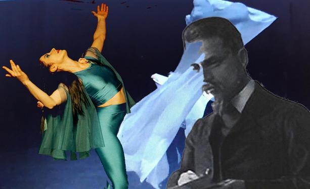 Eine Tänzerin im grünen Gewand und erhobenen Armen, daneben ein Portraitbild Rilkes.