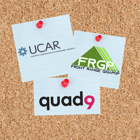 Logos of Quad9, the University Corporation for Atmospheric Research, and Front Range GigaPOP appearing like notes pinned to a cork board.