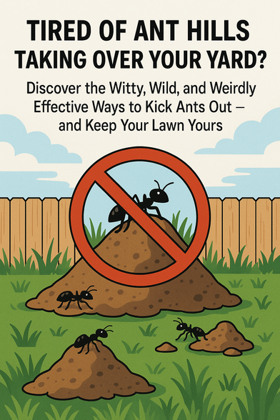 Cartoon ants on cartoon anthills inn a back yard.