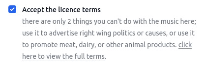 Screenshot der Lizenzbedingungen bei mobigratis.com . Dort steht:

Accept the licence terms
there are only 2 things you can't do with the music here;
use it to advertise right wing politics or causes, or use it
to promote meat, dairy, or other animal products. click
here to view the full terms.
