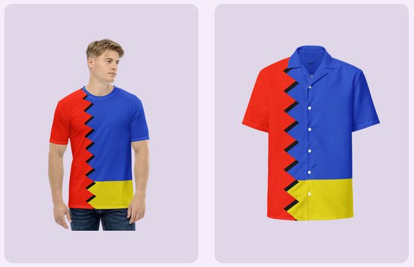A screenshot of my webstore showing 2 thumbnails of new items in the "Hedgehog Zone" collection.  They are a red-zigzag over blue and yellow color blocks design in the form of a print-all-over tshirt and button-up overshirt.