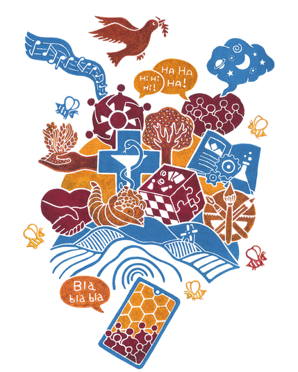 Collage de gravures sur lino représentant un téléphone mobile dont les ondes se déforment pour former des icônes représentant toutes sortes de valeurs positives: la solidarité, l'amour, l'amitié, l'art, la paix, la santé,...