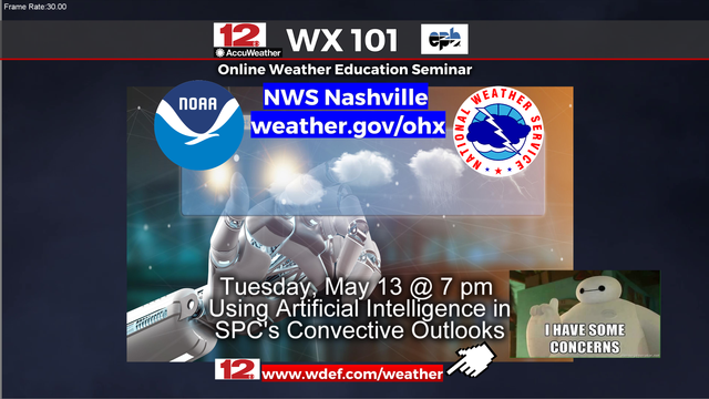 Tonight's topic for the latest @NWSNashville #Weather101 #weathereducation online seminar: Using AI in the NOAA Storm Prediction Center's convective outlooks. 

Webinar starts at 7 PM CDT. Participation is free. Info/registration at https://www.weather.gov/ohx/weather101 