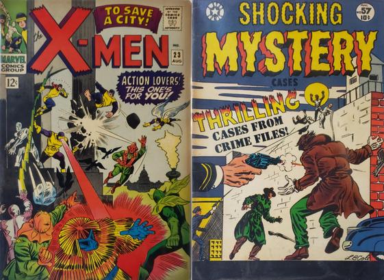 A composite photo of two vintage comic books. 

On the left: Marvel Comics Group, 12¢ [original cover price], The X-Men 23, Aug [1966], "To Save A City!" "Action Lovers! This one's for you!" Approved By the Comics Code Authority. IND. Ice-Man, Cyclops, Marvel Girl, Beast, and Angel versus the Eel, Scarecrow, Porcupine, the Unicorn, and Plantman amid battle damaged columns in Washington D.C.

On the right: A Star Comic, Shocking Mystery Cases №. 57 [1953], 10¢ [original cover price], Thrilling Cases From Crime Files! ANC. L.B. Cole [cover illustration]. At night, under a full moon, three inmates about to descend a prison wall by a rope made of sheets witness one of their two outside accomplices, in fedoras and trenchcoats, being shot with a pistol held by someone out of frame. The other accomplice, startled, drops his rifle.