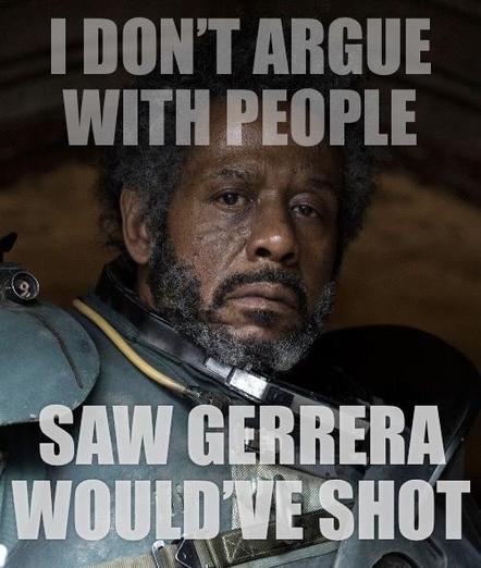 Image of Saw Gerrera from Star Wars Andor and Rogue One with the caption: “I don’t argue with people Saw Gerrera would’ve shot”