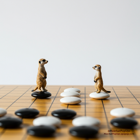 画像には、碁盤の碁石の上に二匹のミーアキャットが立っている様子が写っています。互いに向き合っています。背景は白く、シンプルで、ミーアキャットと碁盤が際立っています。これはAI生成画像です。

The image shows two meerkats standing on a Go board. Each meerkat is standing on a black and white Go stone, facing each other. The background is white and simple, making the meerkats and the Go board stand out. This is an AI-generated image.