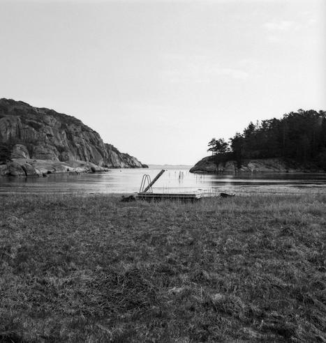 A floating dock for swimmers in the ocean, laid up on land for the off season. It will soon be floating again for the summer. Grass shore, and a fjord with a cliff on one side and forest on the other.
