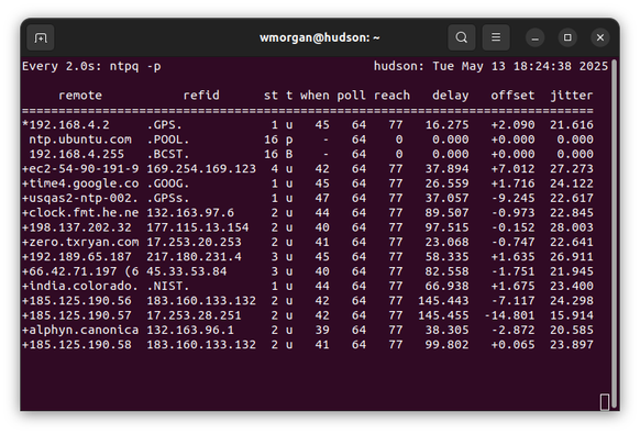 Output of ntpq -p showing healthy time synchronization, including my personal GNSS receiver.