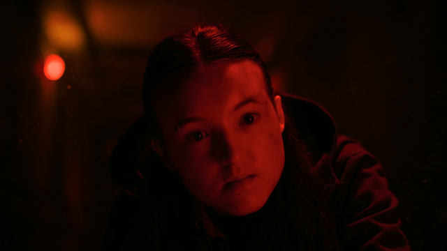A imagem mostra a personagem Ellie, interpretada por Bella Ramsey, da série The Last of Us. Ela está envolta por uma luz vermelha intensa e suave, que domina todo o ambiente, criando uma atmosfera tensa e dramática. O rosto de Ellie é o ponto central da cena — ela está olhando fixamente para frente, com expressão séria e levemente assustada ou em alerta. Seus cabelos estão presos para trás e seu rosto, suavemente iluminado pelo vermelho, destaca seus traços marcantes. Ao fundo, desfocado, há um ponto de luz também vermelho, sugerindo que ela está em um lugar escuro e possivelmente perigoso.