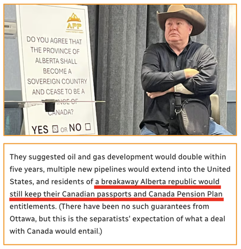 Separatist idiot sits beside a sign with the separatist referenda question on it. Below is a quote from a CBC article, reads: "They suggested oil and gas development would double within five years, multiple new pipelines would extend into the United States, and residents of a breakaway Alberta republic would still keep their Canadian passports and Canada Pension Plan entitlements. (There have been no such guarantees from Ottawa, but this is the separatists' expectation of what a deal with Canada would entail.)"