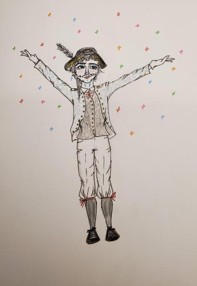 A colour-pencil drawing of Austin Tacious with his arms outstretched, smiling. He's dressed in the gentleman outfit from his first performance a year ago - a white and blue jacket with double rows of gold buttons, a black and silver vest, white knee-breeches, and a tricorn hat. There are multicoloured sparkles floating around him.