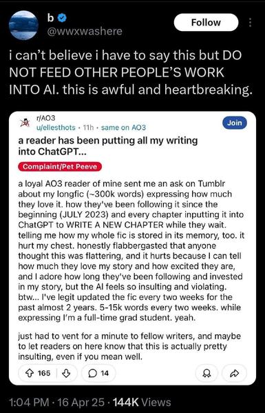 A screenshot of a tweet with a about how someone has fed all of someone else's writing into chatGPT thinking it's fine. The writer whose work has been fed into AI said it hurts their chest.