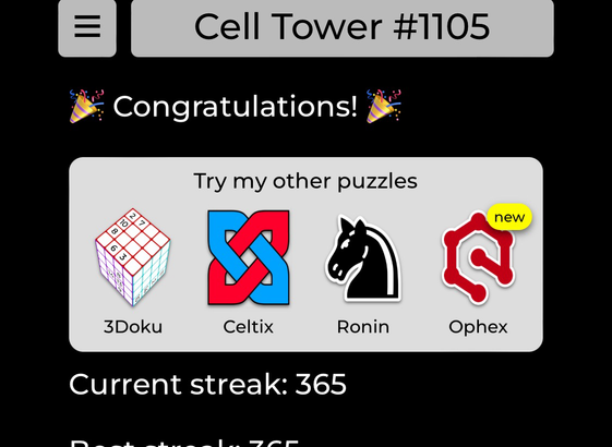 Current streak 365. One year playing! 🎉 Great game!