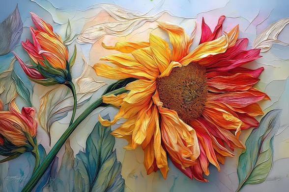 "Sunflower Elegy" – A luminous dance of golden hues and delicate textures. 🌻✨

Warm ochres, burnt sienna, and muted pinks blend in harmony, while soft granulation and expressive brushstrokes bring this sunflower to life. Against a serene green-blue backdrop, every petal whispers quiet elegance.
    A  sunflower in golden hues with curling petals and a textured seed head. The artwork features rich earth tones, soft granulation