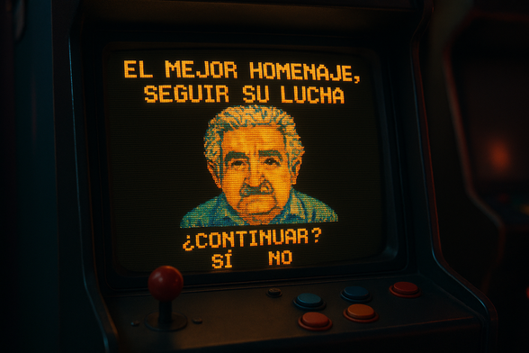 Fotograma de una pantalla de juego retro con gráficos pixel art. En la parte superior aparece el mensaje en letras naranjas: “EL MEJOR HOMENAJE, SEGUIR SU LUCHA”. Debajo, un retrato pixelado de un hombre de pelo canoso y expresión serena (José Mujica expresidente de Uruguay). Más abajo, la pregunta “¿CONTINUAR?” y las opciones “SÍ” y “NO”. La pantalla está montada en un mueble de arcade con un joystick rojo y cuatro botones de colores (azul, amarillo, rojo y verde) en la base.