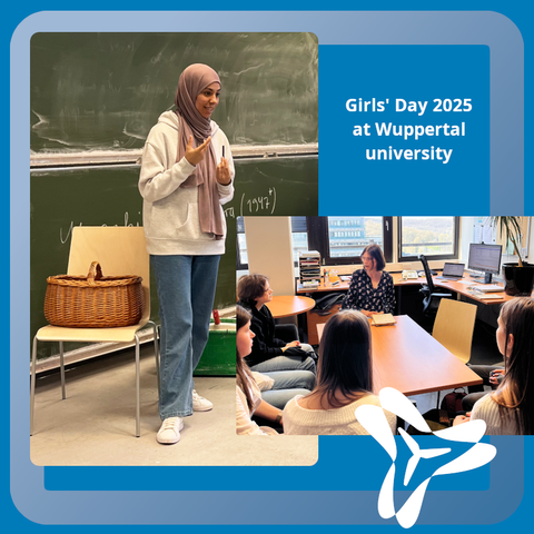 Two girls day pictures: Bouchra Elghazi explaining control theory by balancing a pen in her hand and Birgit Jacob explaining about studying mathematics. Photo: Luka Storms (BUW)