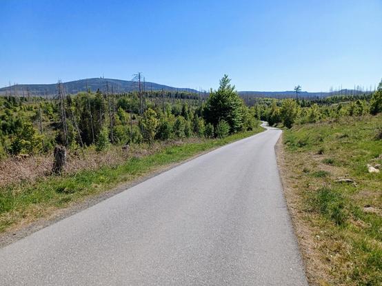 Landschaftsszenerie, in der Bildmitte eine Straße, die schlängelnd Richtung Horizont verläuft. Links und rechts der Straße sind grüne Wald/Forstflächen zu sehen. Im Hintergrund befinden sich einige Berge, markant hierbei der Brocken. Die Sonne scheint und der Himmel ist blau.