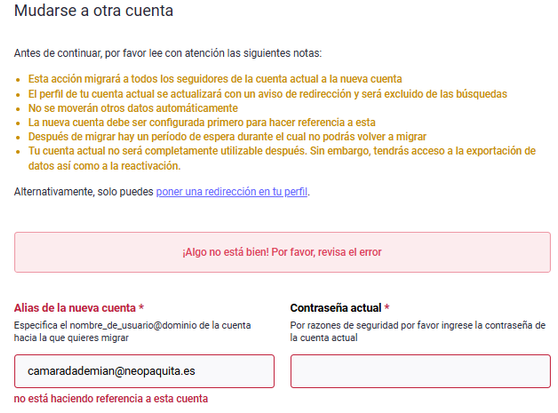 aparece captura de la parte de 'mudarse a otra cuenta' donde me pide el alias de la 'nueva cuenta' y he puesto camaradademian@neopaquita.es 