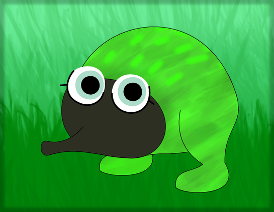 Drawing of a Green Snurp (from Miitopia) standing on a grassy field. This creature (the Snurp in question) has a nose in the form of a proboscis, two eyes and a round green body with two short legs. 